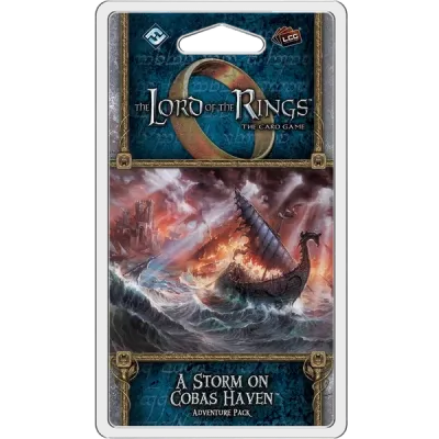 The Storm on Cobas Haven Adventure Pack for The Lord of the Rings Card Game with a ship in stormy seas.