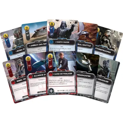 Star Wars The Deckbuilding Game cards showing Luke Skywalker, Darth Vader, Boba Fett, Stormtrooper, ships, and smugglers.