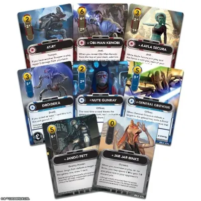 Star Wars The Deckbuilding Game Clone Wars Edition cards showing Obi-Wan, Grievous, Jango Fett, Jar Jar, and units.
