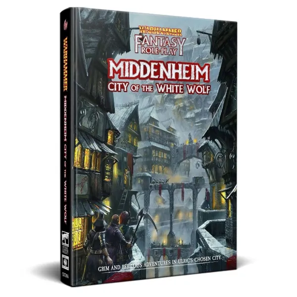 Warhammer Fantasy Roleplay: Middenheim – City of the White Wolf book cover with snowy city streets and towering buildings.