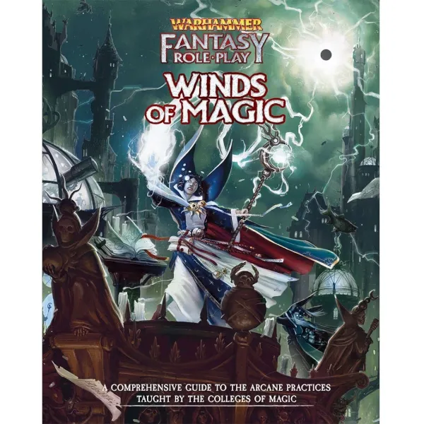Warhammer Fantasy Roleplay: Winds of Magic book cover with a wizard casting lightning in a dark city.