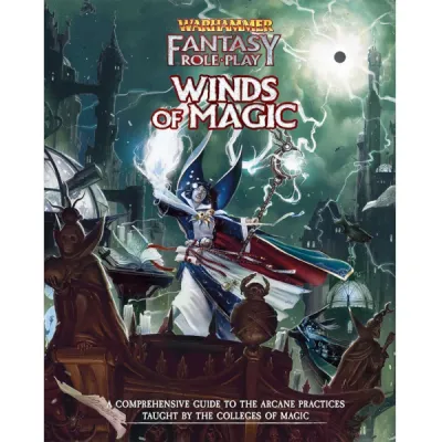 Warhammer Fantasy Roleplay: Winds of Magic Warhammer Fantasy Roleplay: Winds of Magic book cover with a wizard casting lightning in a dark city.
