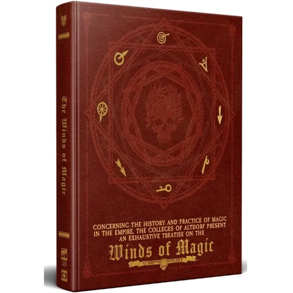 Warhammer Fantasy Roleplay: Winds of Magic Collector’s Edition red book cover with gold magical symbols.