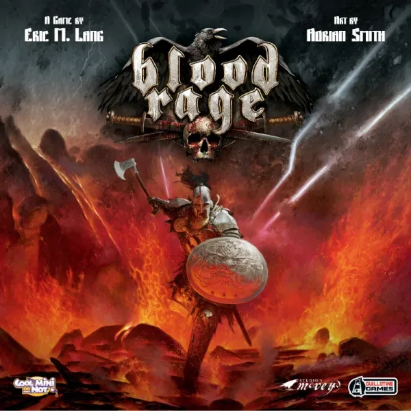 Blood Rage box cover showing a Viking warrior standing in a fiery Ragnarök landscape.