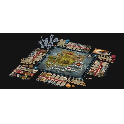 Blood Rage game setup with board, clan sheets, cards, miniatures, tokens, and player components.