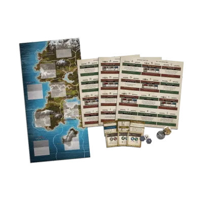 Trudvang Legends Westmark expansion contents with region board, adventure sheets, cards, tokens, and dice.