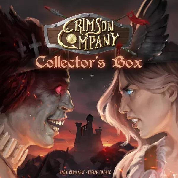 Crimson Company: Collector’s Box cover with two fantasy rivals facing off before a castle at sunset.