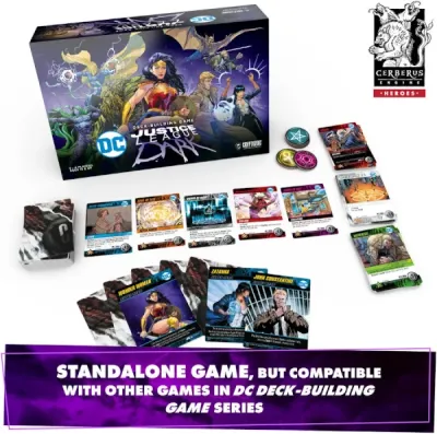 DC Deck-Building Game Justice League Dark components with box, cards, tokens, and oversized hero cards.