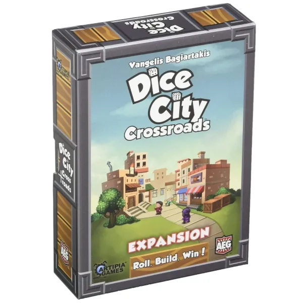 Dice City: Crossroads expansion box front with cartoon city buildings and expansion logo.