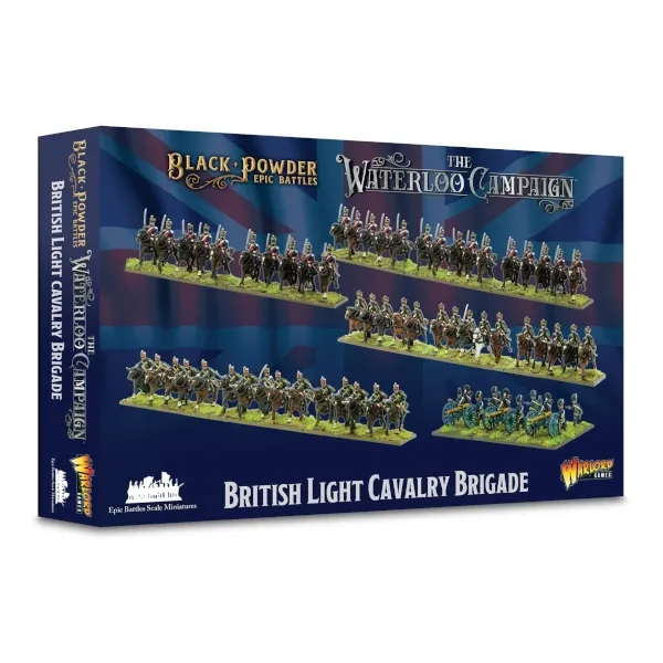 Black Powder Epic Battles British Light Cavalry Brigade box showing Waterloo Campaign cavalry miniatures.