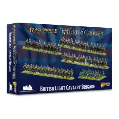Black Powder Epic Battles British Light Cavalry Brigade box showing Waterloo Campaign cavalry miniatures.