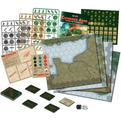 Bolt Action: Combined Arms contents with campaign maps, tokens, markers, cards, dice, and rulebook.