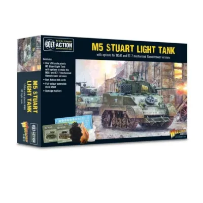 Bolt Action: M5 Stuart Light Tank Bolt Action M5 Stuart Light Tank box showing an Allied light tank advancing through a ruined street.
