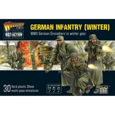 Bolt Action German Infantry Winter box showing German grenadiers in winter gear fighting in snow.