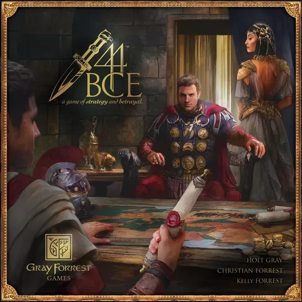 44 BCE box front showing Roman political figures around a strategy map.
