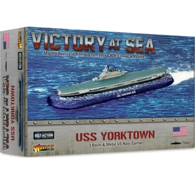 Victory at Sea USS Yorktown expansion box with a US Navy aircraft carrier miniature at sea.