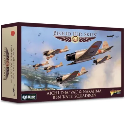 Blood Red Skies: Aichi D3A ‘Val’ & Nakajima B5N ‘Kate’ Squadron Blood Red Skies Aichi Val & Nakajima Kate Squadron box front showing Japanese aircraft flying over the coast.