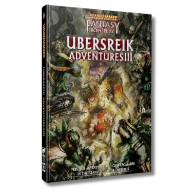 Warhammer Fantasy Roleplay: Ubersreik Adventures III book cover with adventurers surrounded by monsters.