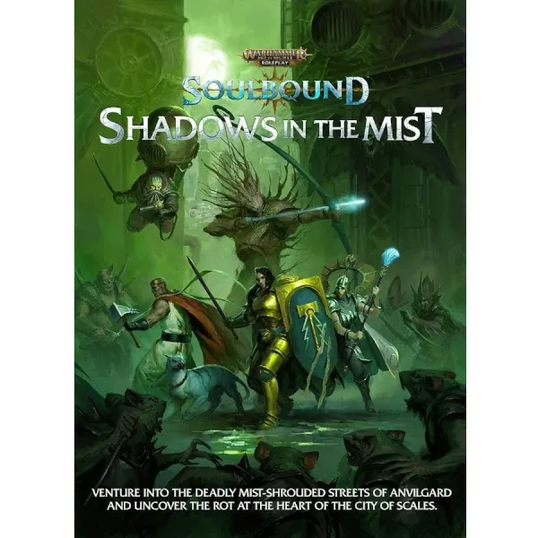 Warhammer Age of Sigmar: Soulbound Shadows in the Mist cover with adventurers exploring green mist-shrouded streets.
