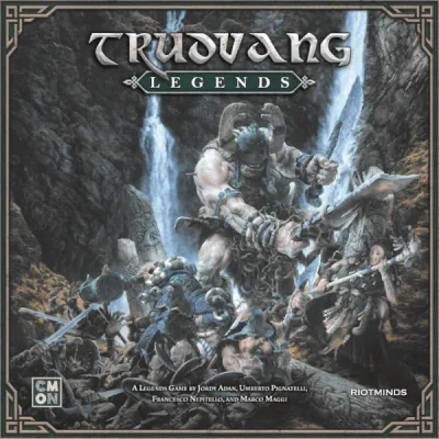 Trudvang Legends core game box showing heroes battling a giant troll in a dark mountain valley.