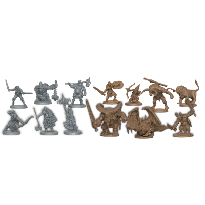 Trudvang Legends core game miniatures with heroes, monsters, troll, dragon, and ships.