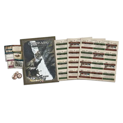 Trudvang Legends Wildland expansion contents with Book of Sagas, cards, tokens, and adventure sheets.