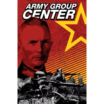 Army Group Center box front showing a red commander portrait, German infantry and Soviet star design.