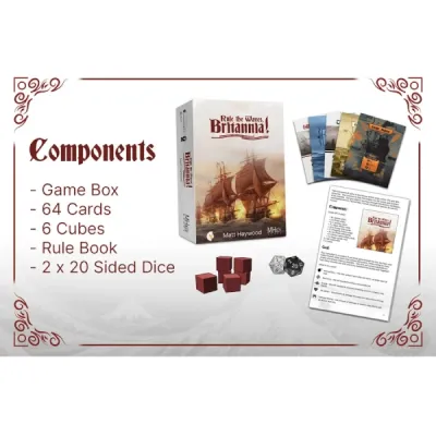 Rule the Waves, Britannia! components overview showing box, cards, cubes, dice and rulebook.