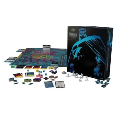 Batman: The Dark Knight Returns Deluxe Edition contents with box, board, cards, tokens, dice, and miniatures.