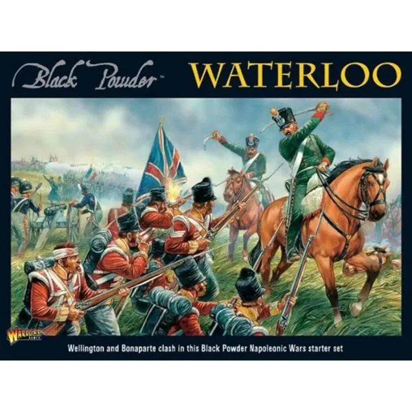 Black Powder Waterloo starter set box showing British infantry and French cavalry at the Battle of Waterloo.