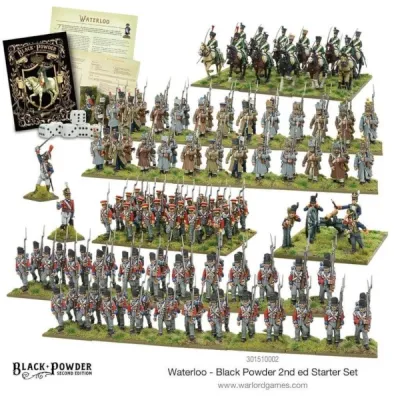 Black Powder Waterloo starter set contents with rulebook, dice, French and Allied miniatures, cavalry and artillery.
