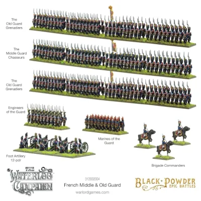 Black Powder Epic Battles French Middle &amp; Old Guard contents showing infantry, artillery and commanders.
