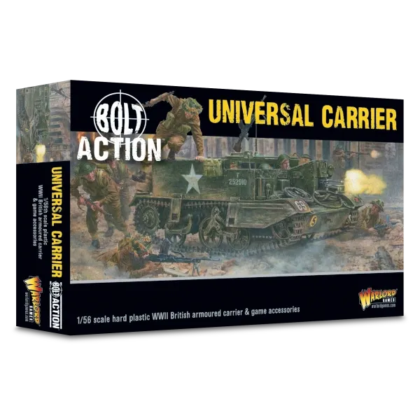 Bolt Action Universal Carrier box showing a British armoured carrier advancing through battle.