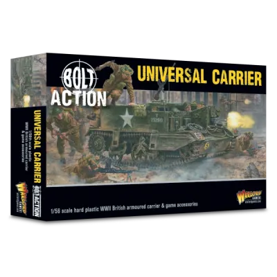 Bolt Action Universal Carrier box showing a British armoured carrier advancing through battle.