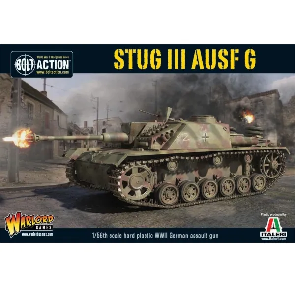 Bolt Action StuG III Ausf. G box showing a German assault gun firing in a ruined town.