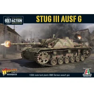 Bolt Action StuG III Ausf. G box showing a German assault gun firing in a ruined town.