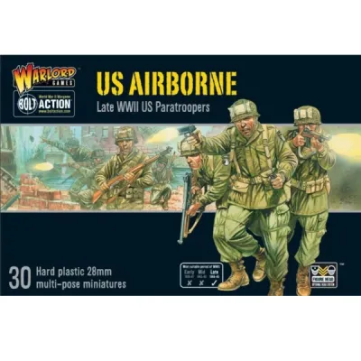 Bolt Action US Airborne box showing late-WWII paratroopers advancing with rifle, pistol and binoculars.