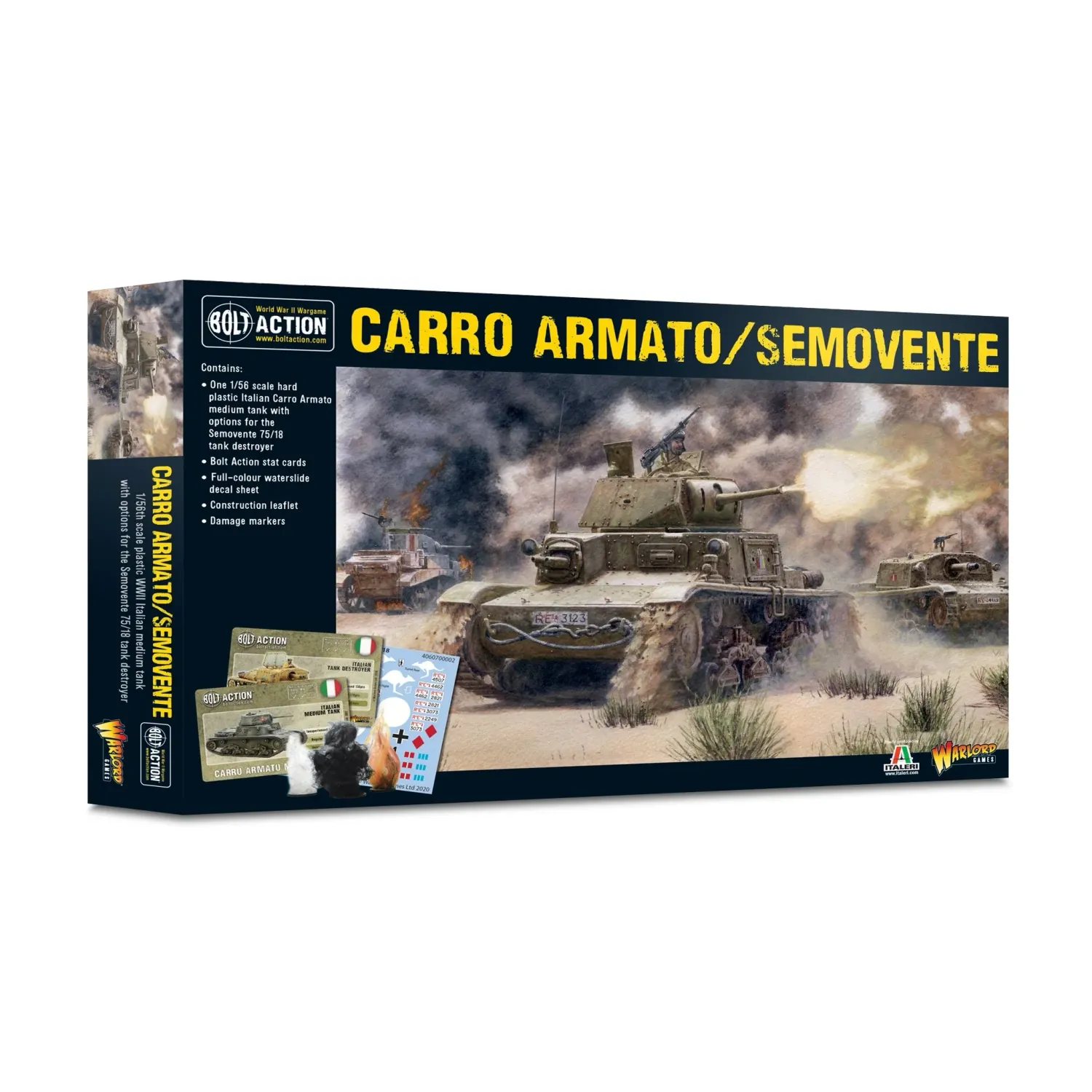Bolt Action Carro Armato/Semovente box showing Italian armoured vehicles fighting in desert terrain.