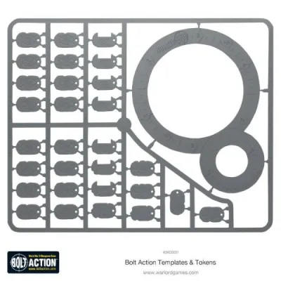 Bolt Action: Templates Bolt Action Templates & Tokens plastic frame with blast templates, range ruler and game tokens.