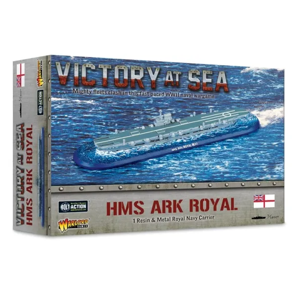 Victory at Sea HMS Ark Royal box showing the Royal Navy aircraft carrier model at sea.