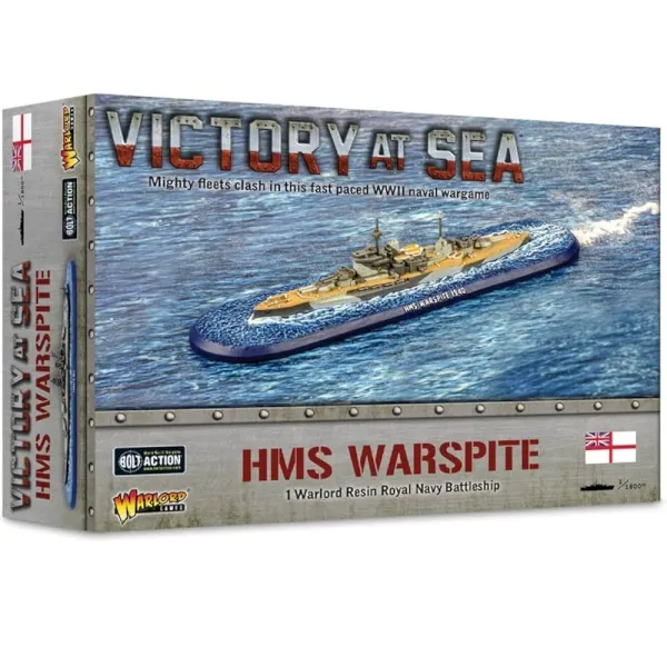 Victory at Sea HMS Warspite expansion box with a Royal Navy battleship miniature at sea.