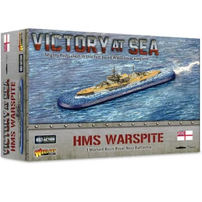 Victory at Sea HMS Warspite expansion box with a Royal Navy battleship miniature at sea.