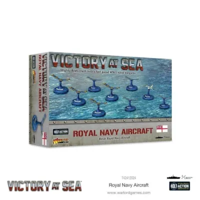Victory at Sea: Royal Navy Aircraft pack with British aircraft miniatures over a sea background.