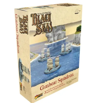 Black Seas Gunboat Squadron expansion box with three small gunboats sailing near cliffs.