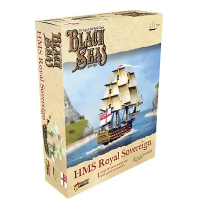 Black Seas HMS Royal Sovereign expansion box with the British 1st Rate ship sailing near cliffs.