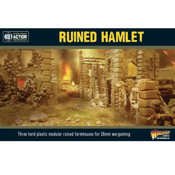 Ruined Hamlet terrain set for Bolt Action, showing damaged farmhouse buildings in a WWII battle scene.