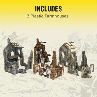 Ruined Hamlet contents showing three plastic ruined farmhouses for 28mm wargaming.