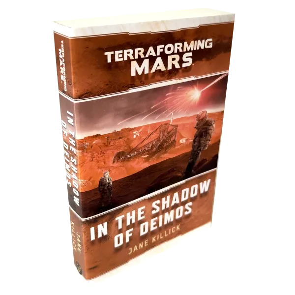 In the Shadow of Deimos Terraforming Mars novel cover showing astronauts and a crash site on Mars.