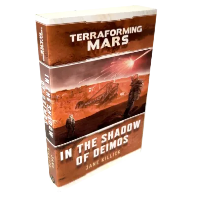 In the Shadow of Deimos Terraforming Mars novel cover showing astronauts and a crash site on Mars.
