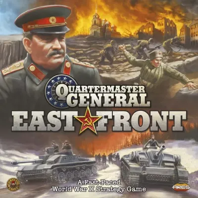 Quartermaster General: East Front Quartermaster General: East Front box front with Soviet leader, soldiers, tanks, and burning battlefield.